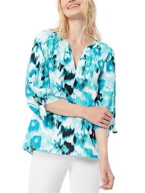 Jones New York Aqua and White Tie-Sleeve V-Neck Tunic